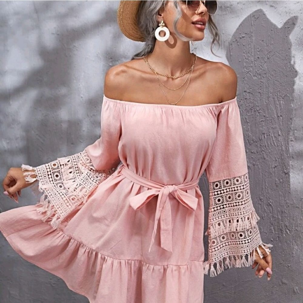 Fringe Ruffle Bardot Dress - Picture 3 of 7